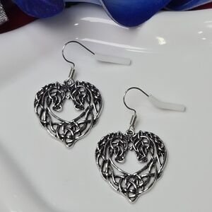 Silver Celtic Double Horse Heart Dangle Earrings Viking Knot Jewelry Equestrian